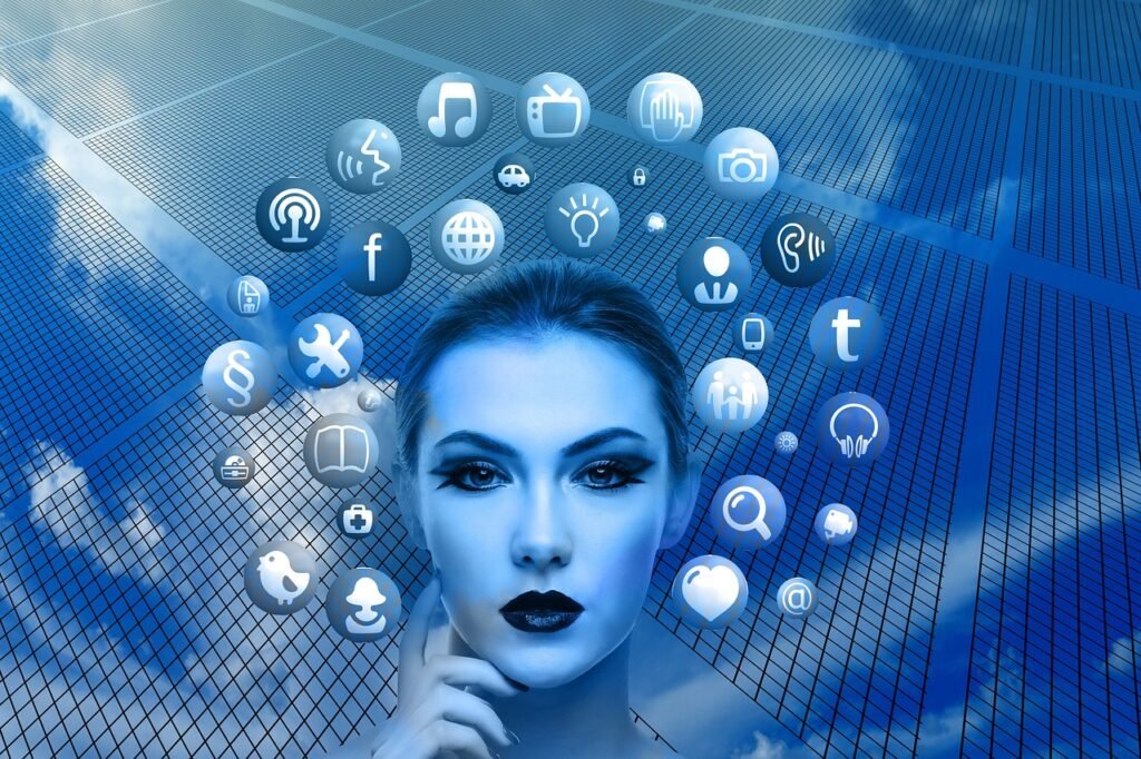 woman, face, social media, thoughts, head, applications, apps, social media applications, icons, circle, tree, networks, internet, social, social network, facebook, nature, google, social networking, networking, multimedia, blue